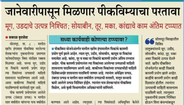 खरीप पीकविम्याचा परतावा जानेवारीपासून मिळणार